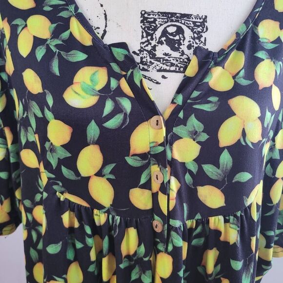 Allegrace 3X lemon print blouse empire waist button up collar novelty print grap - Picture 4 of 14